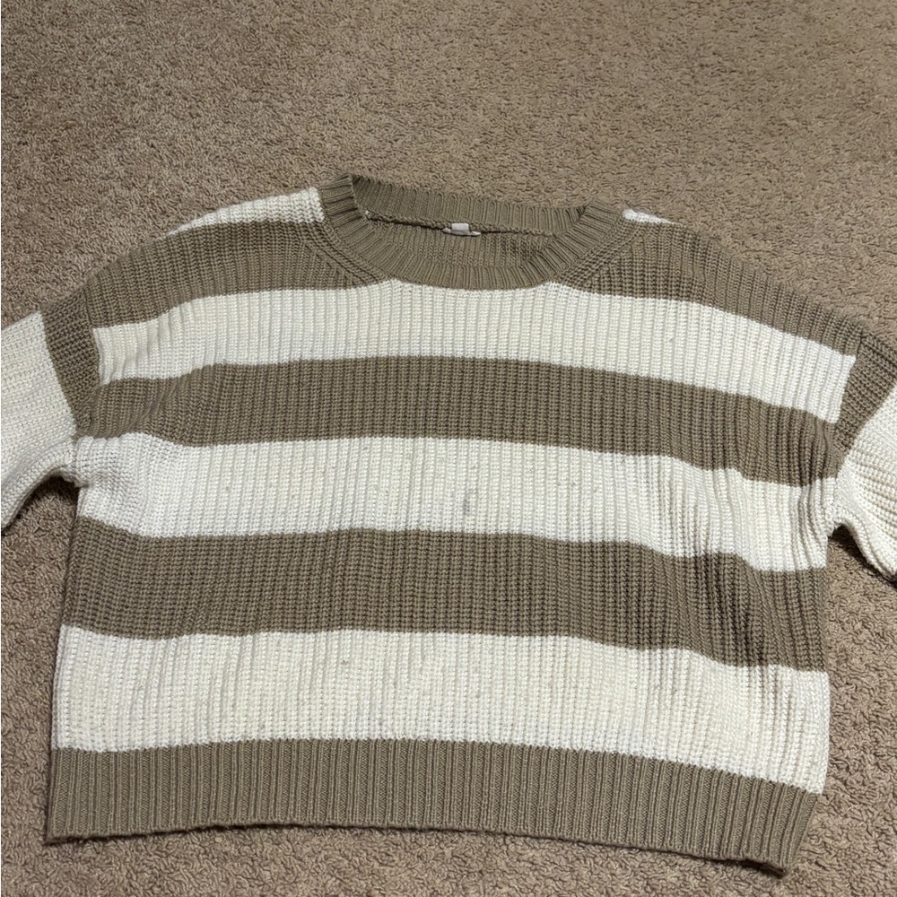 Garage Wide-Stripe Crewneck Sweater in Cream and Olive